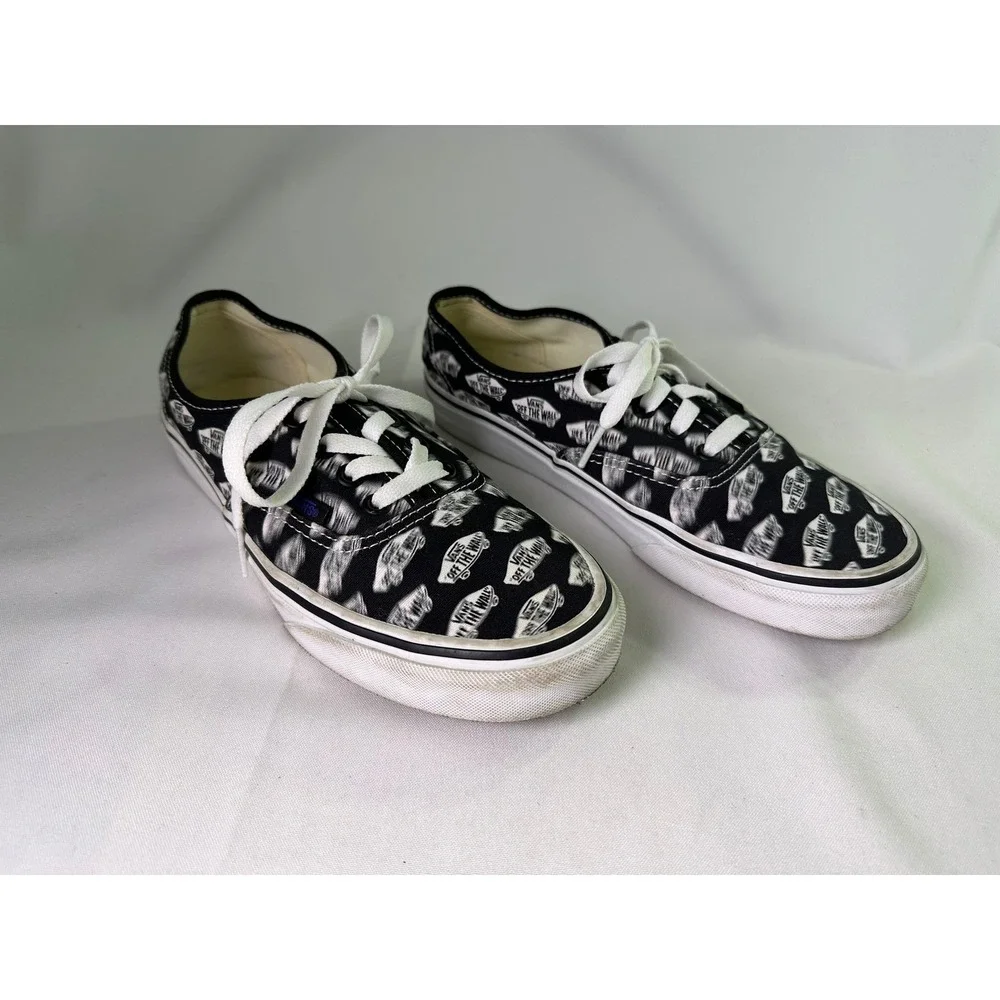Vans Authentic Blurred Logo Black White Low Top Skate Shoes Mens 6 Womens 7.5‎
